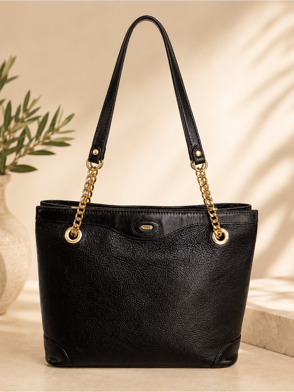 Bally Black Leather Shoulder Bag with Gold Chain Straps